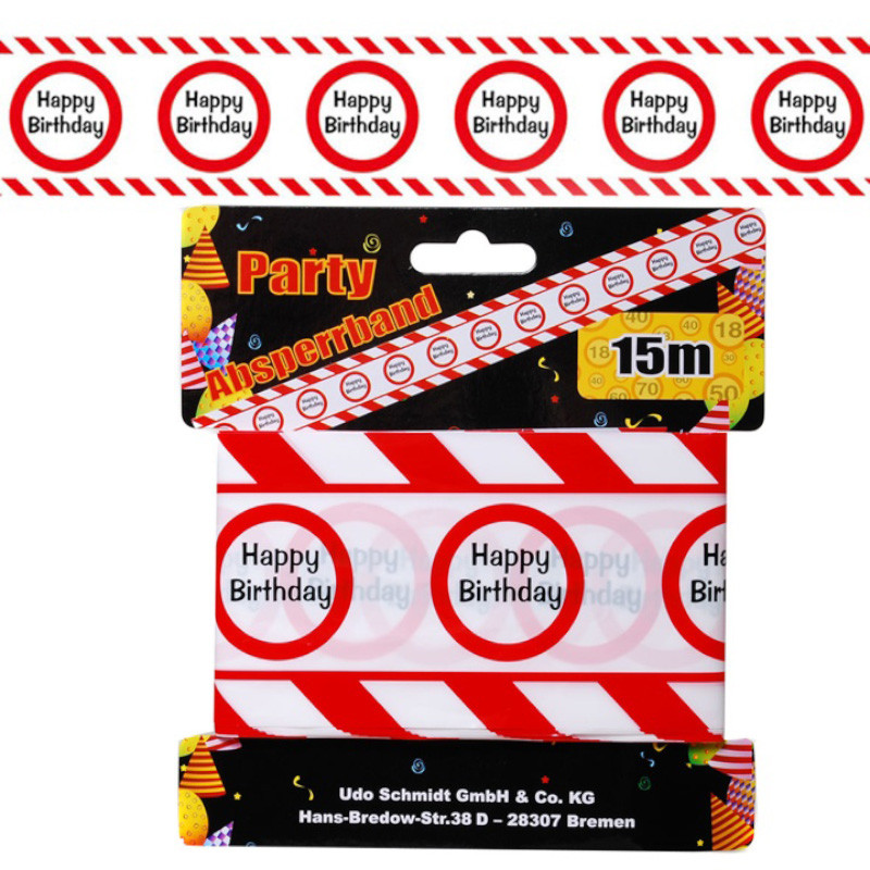 Udo Schmidt Absperrband Happy Birthday 15 m Partydeko rot weiß für Geburtstagsfeiern